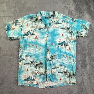 Thums-Up XXL Mens Hawaiian Button Up Shirt 90s Vintage Surf Print Blue Rayon